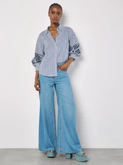 Apricot Damen Bluse in blau weiß - Ärmel: langarm