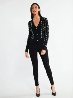 Faina Damen Strickjacke mit Perlen in schwarz