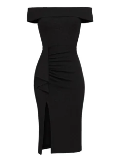 Goddiva Damen Midi-Kleid in schwarz - Ausschnitt: Carmen