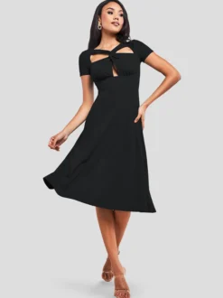 Goddiva Damen Midi-Kleid in schwarz - Ausschnitt: Karree