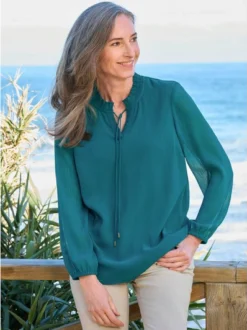 Goldner Damen Chiffon Blusen - Kurzgröße in petrol