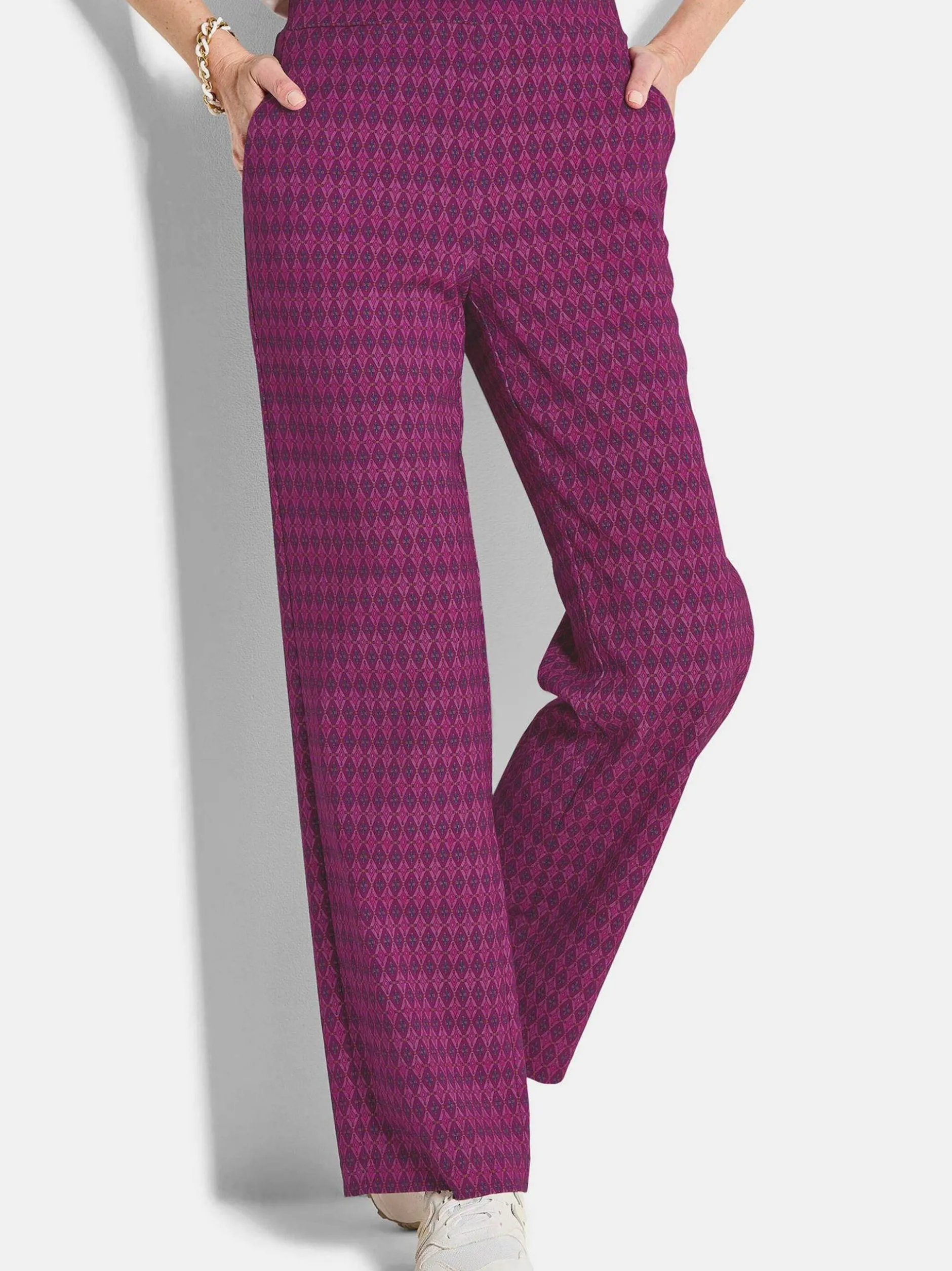 Goldner Damen Druckhosen - Kurzgröße in aubergine