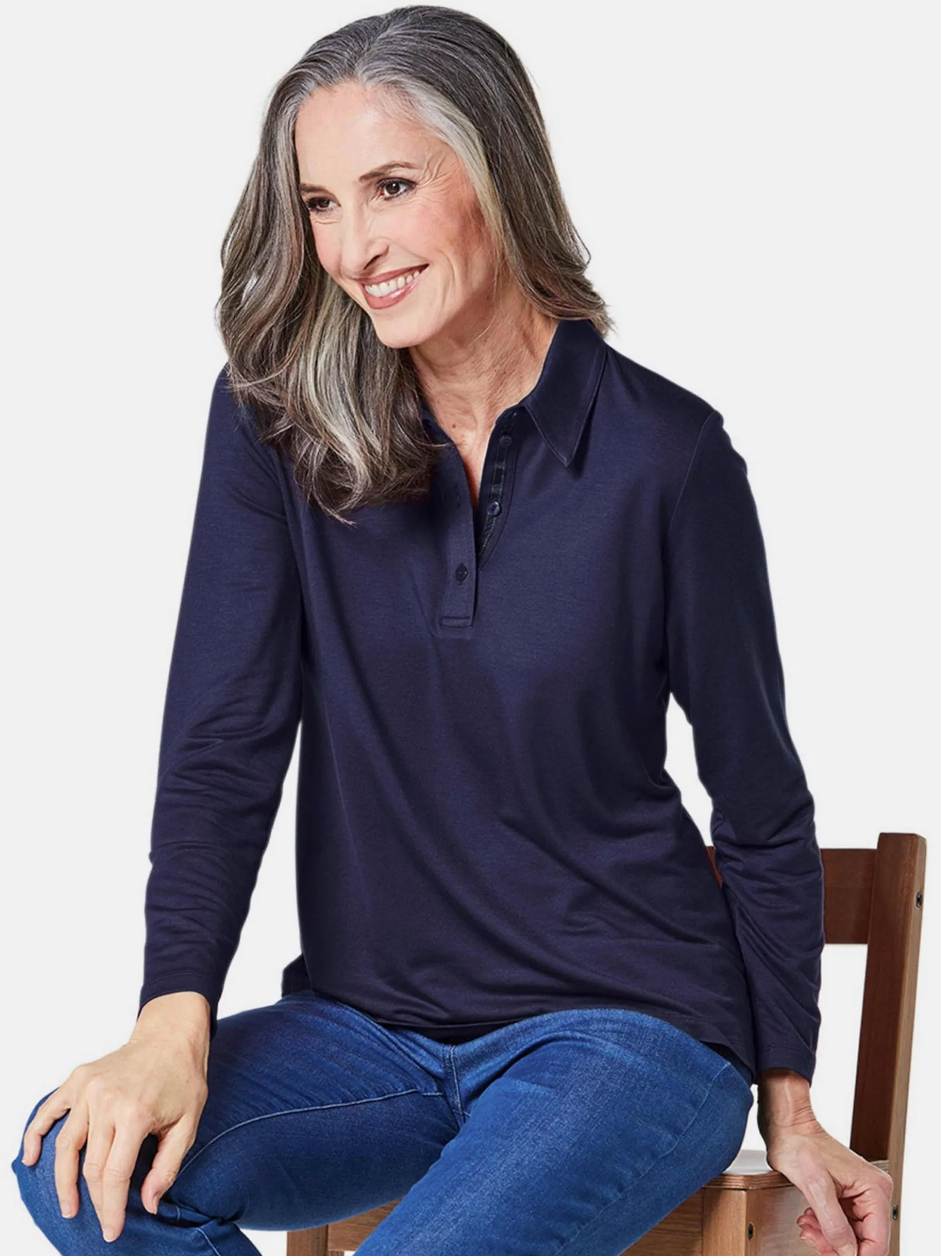 Goldner Damen Poloshirts in marine - Ärmel: langarm