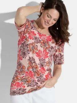 Goldner Damen T-Shirt - Kurzgröße in koralle mehrfarbig