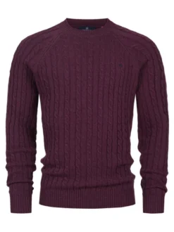 Kronstadt Herren Strickpullover - KSFlynn cabel crew neck knit in bordeaux
