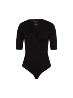 Les Lunes Damen Body mit 3/4-Arm in Wickeloptik in schwarz