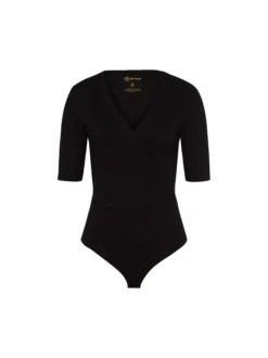 Les Lunes Damen Body mit 3/4-Arm in Wickeloptik in schwarz