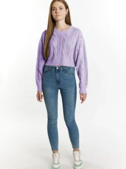 MyMo Damen Kurzer Strickpullover in lila