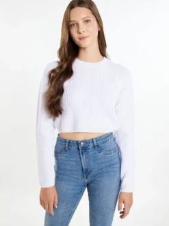 MyMo Damen Kurzer Strickpullover in ecru
