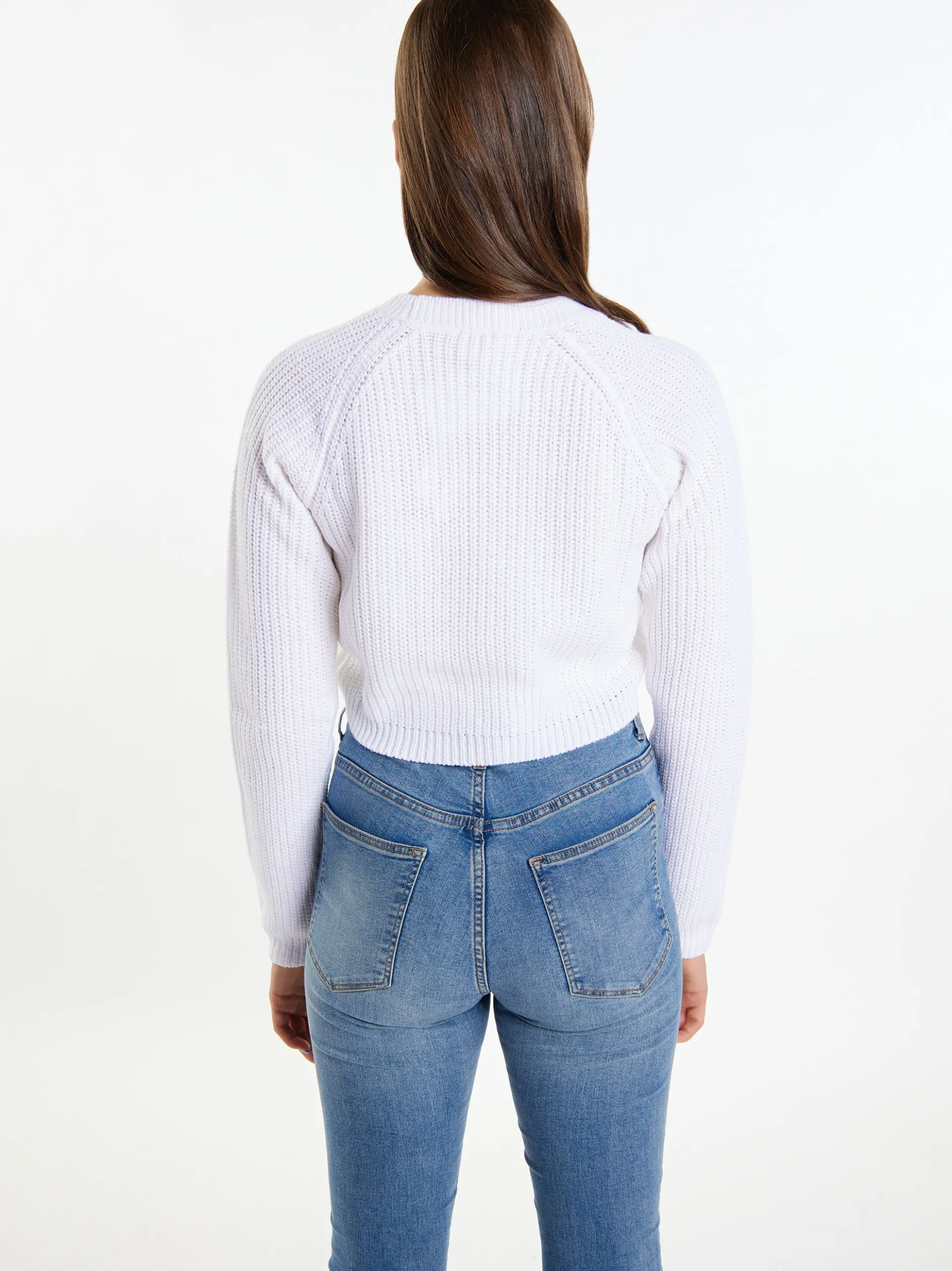 MyMo Damen Kurzer Strickpullover in ecru