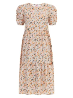 MyMo Damen Midi-Kurzarmkleid in beige mehrfarbig