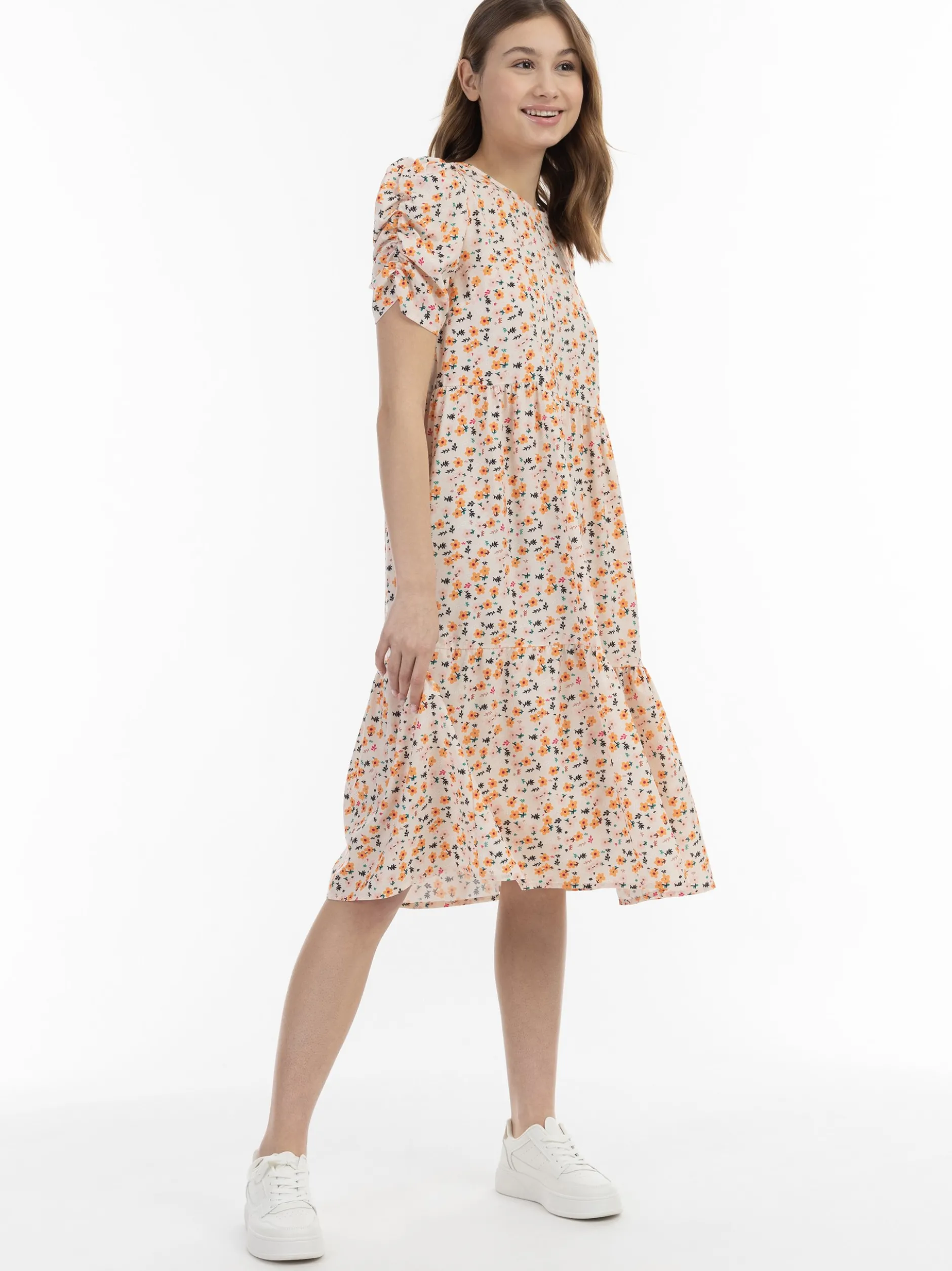MyMo Damen Midi-Kurzarmkleid in beige mehrfarbig