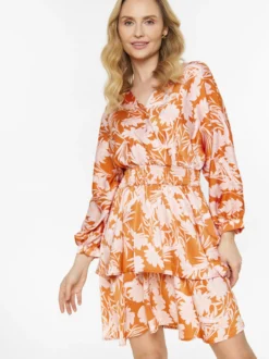 Usha Damen Kleid in orange weiß - Länge: mittel