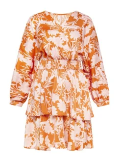 Usha Damen Kleid in orange weiß - Länge: mittel
